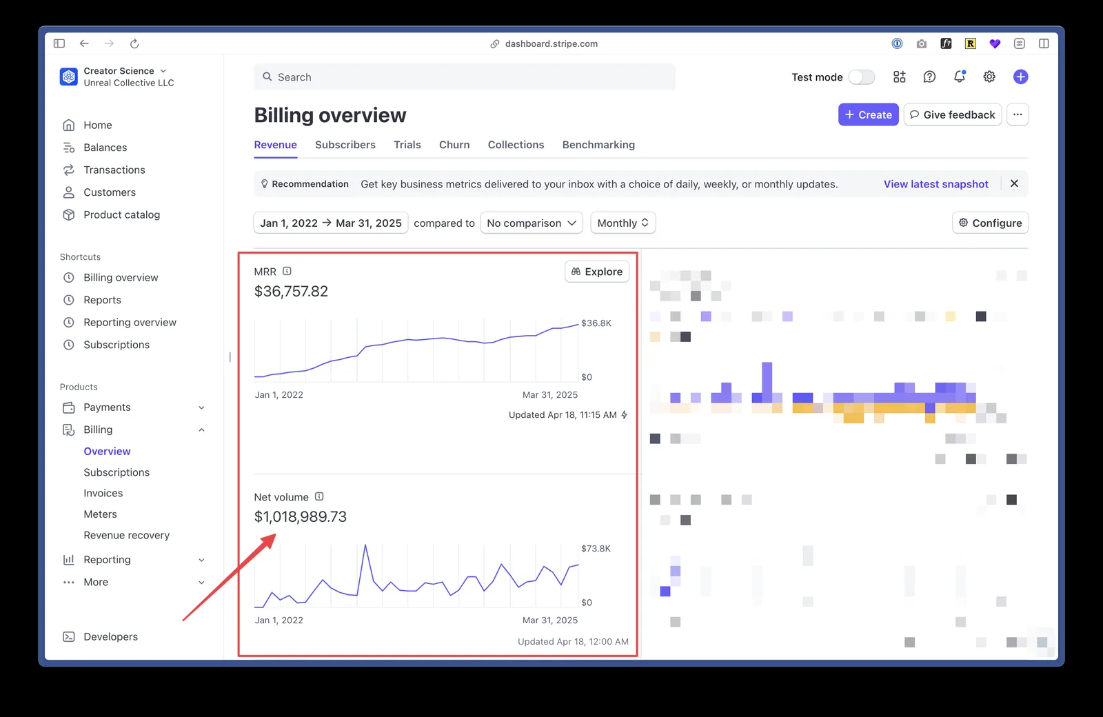 Stripe's billing overview for January 2022 to March 2025: $1,018,989 in net volume