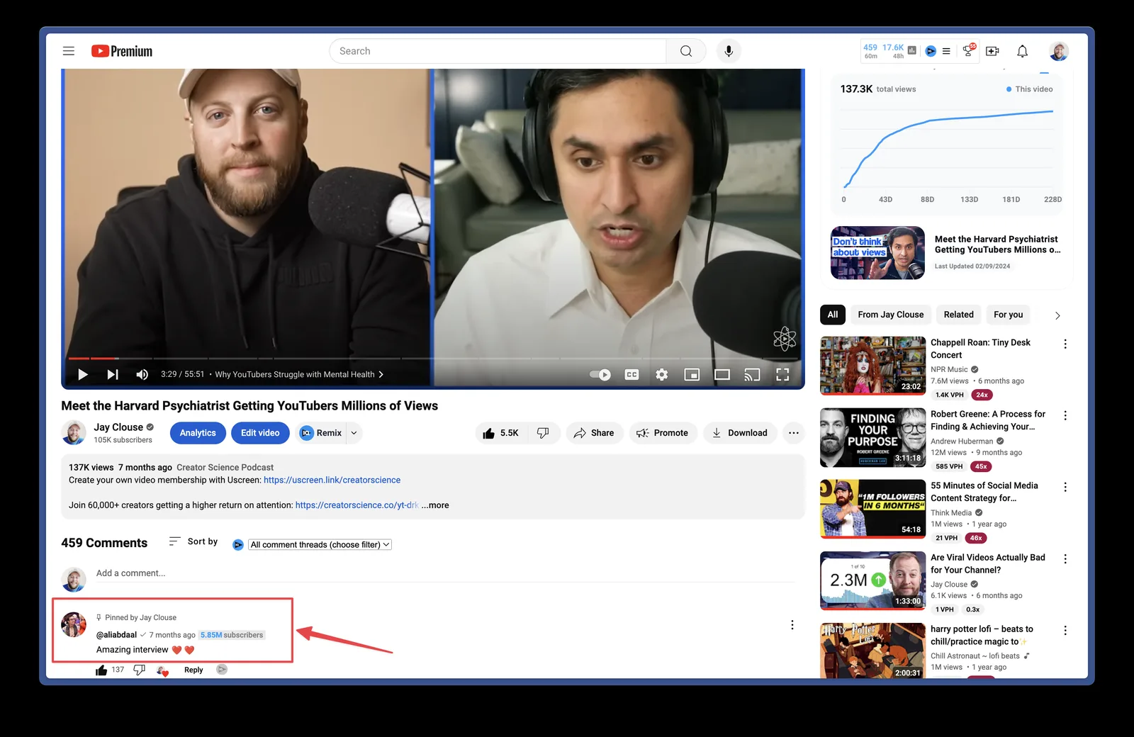 Ali Abdaal's pinned comment, "Amazing interview", on one of the channel's interviews