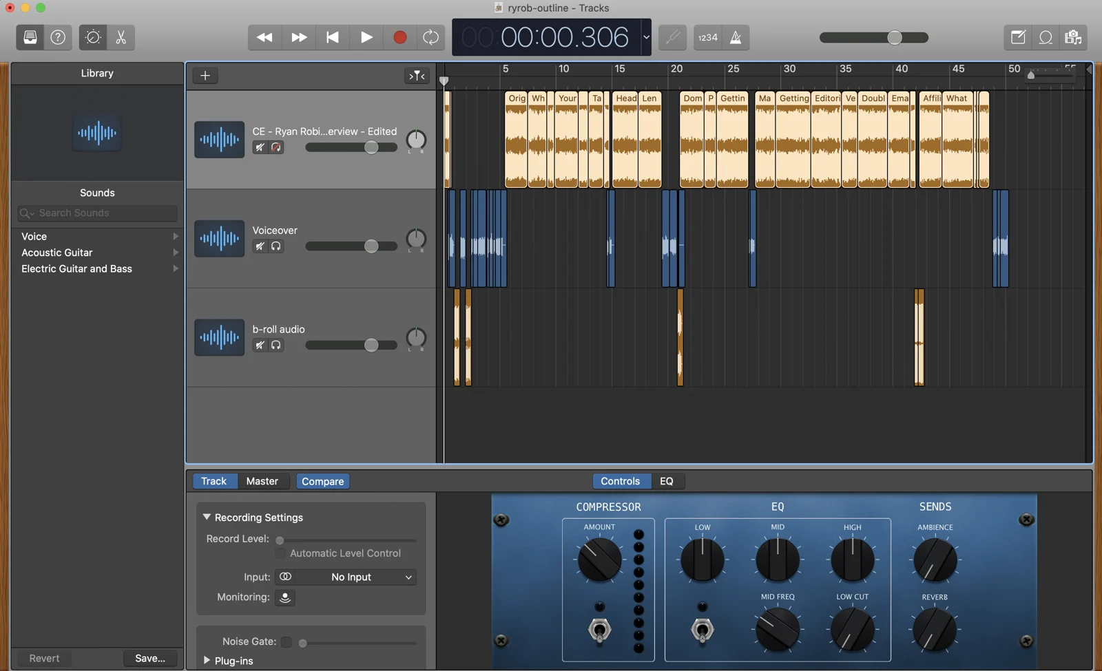 An episode's multitrack edit in an audio editor, with a compressor and EQ open
