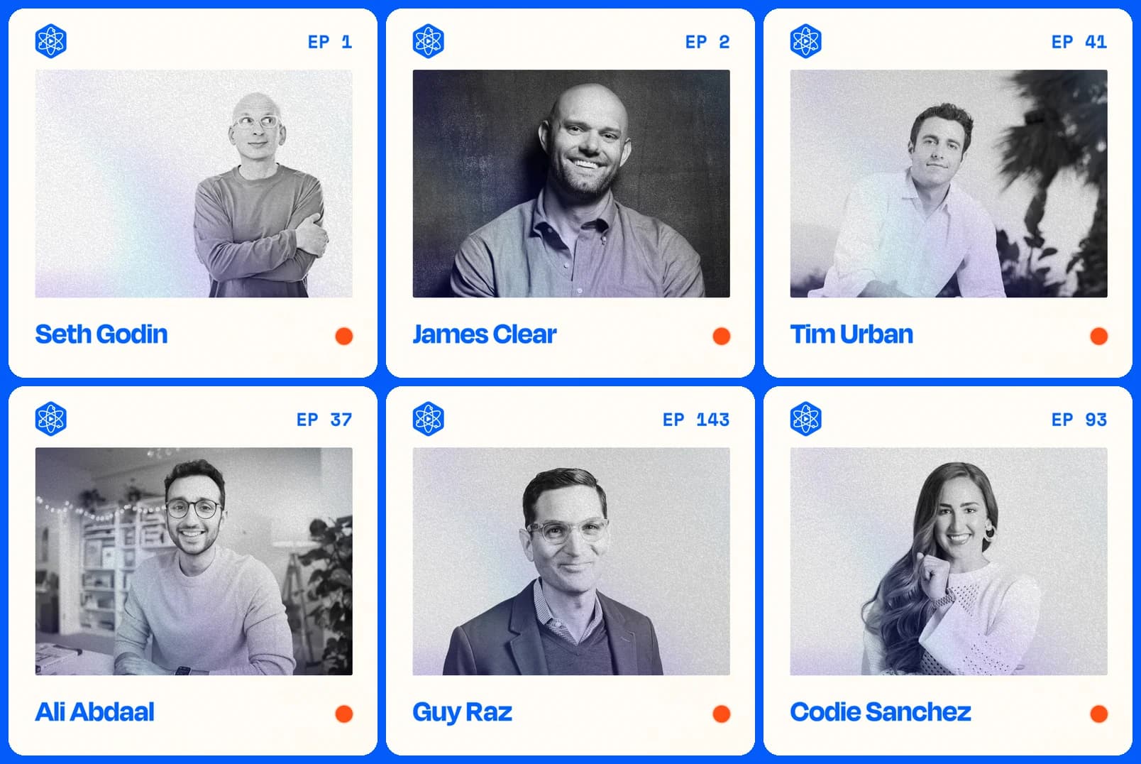 Episode art for Seth Godin, James Clear, Tim Urban, Ali Abdaal, Guy Raz and Codie Sanchez