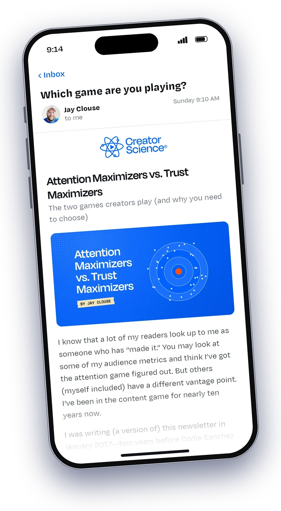 A Creator Science newsletter issue open on a phone