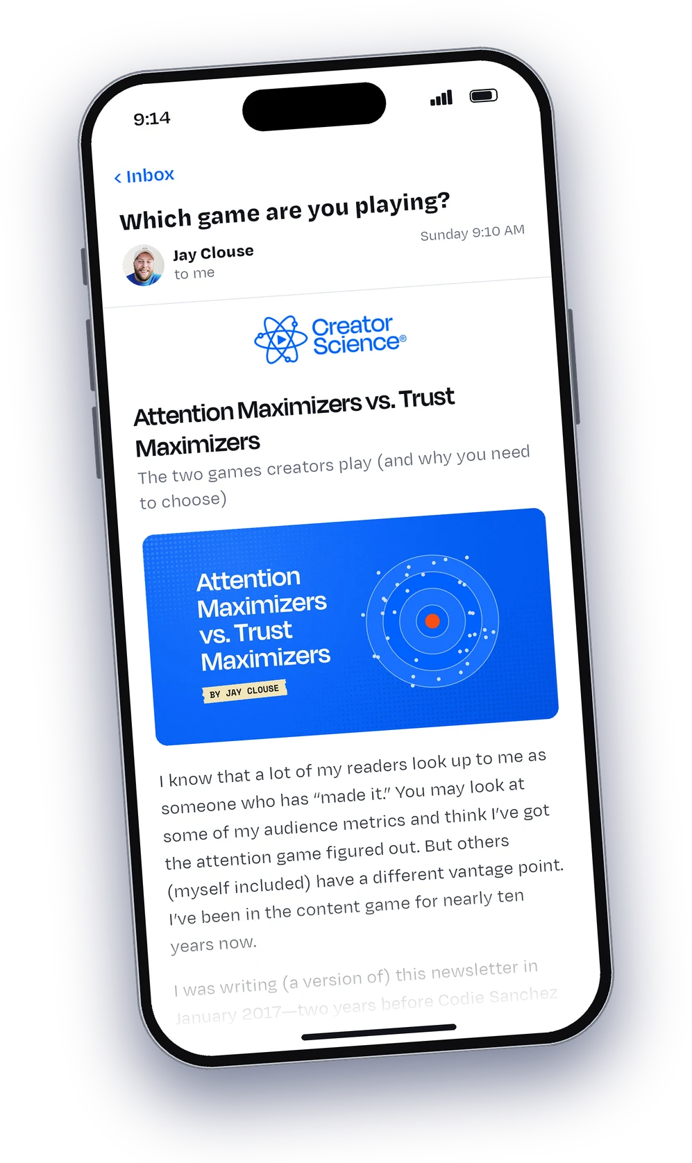 The Creator Science newsletter on a phone
